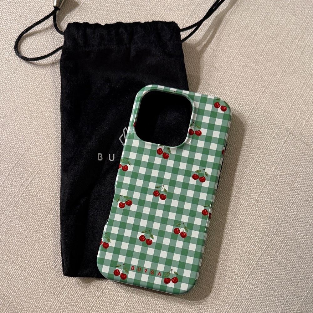 iPhone 16 Pro Burga Little Life Green Checkered Phone Case with Cherry Design